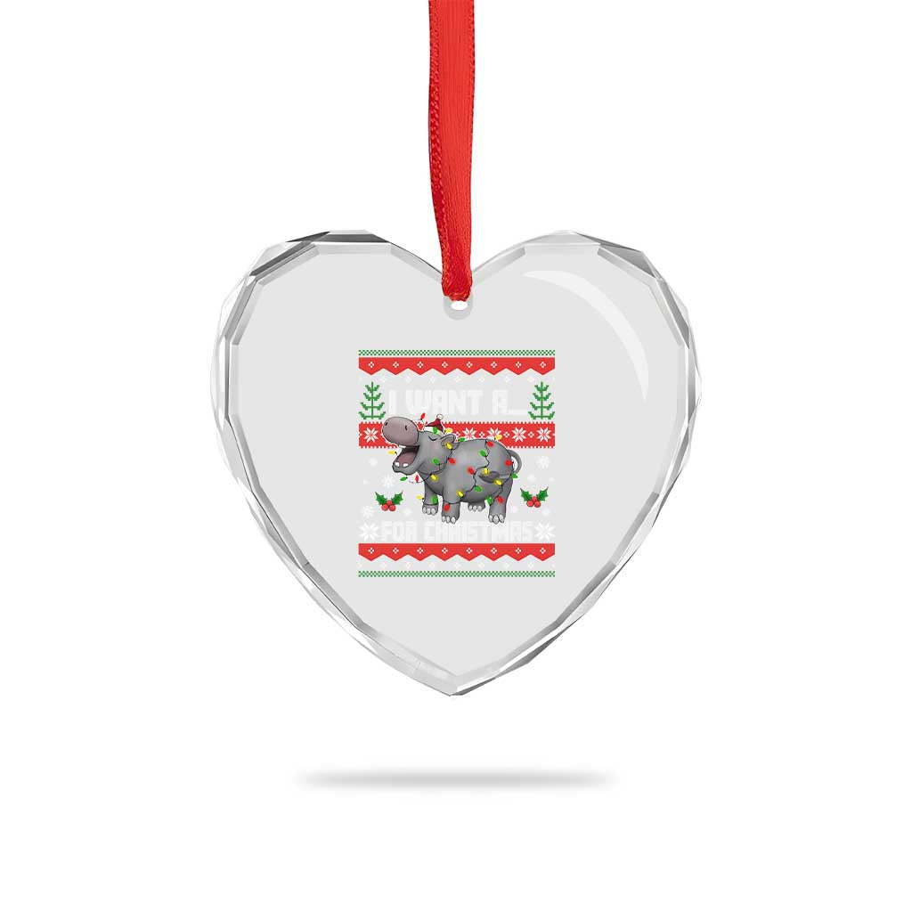 Funny Xmas Heart Crystal Glass Ornament I Want A Hippopotamus For Xmas Moo Deng Ugly Gift TS10 Print Your Wear