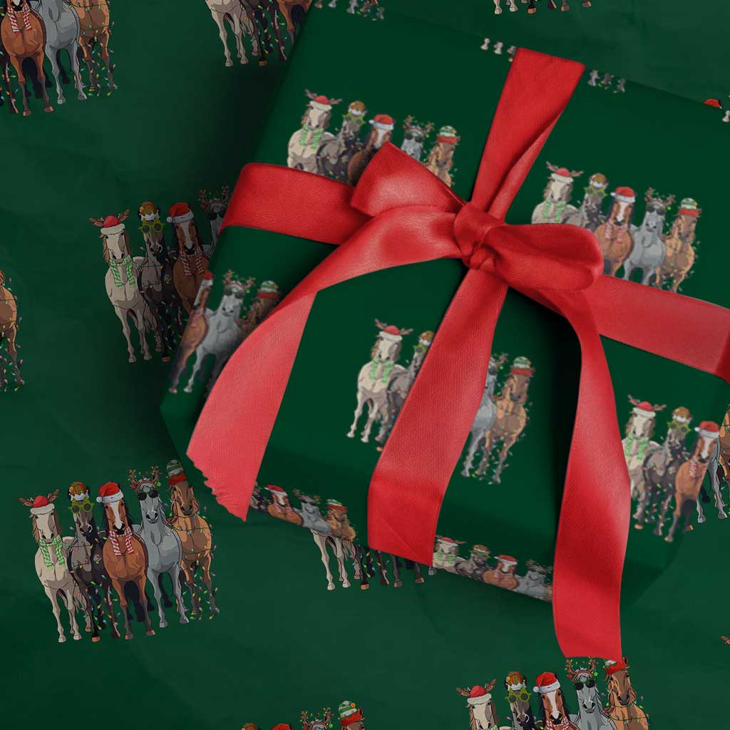 Funny Xmas Horse Wrapping Paper Roll Xmas Light Reindeer Horses Crew with Santa Hat TS02 Green Print Your Wear