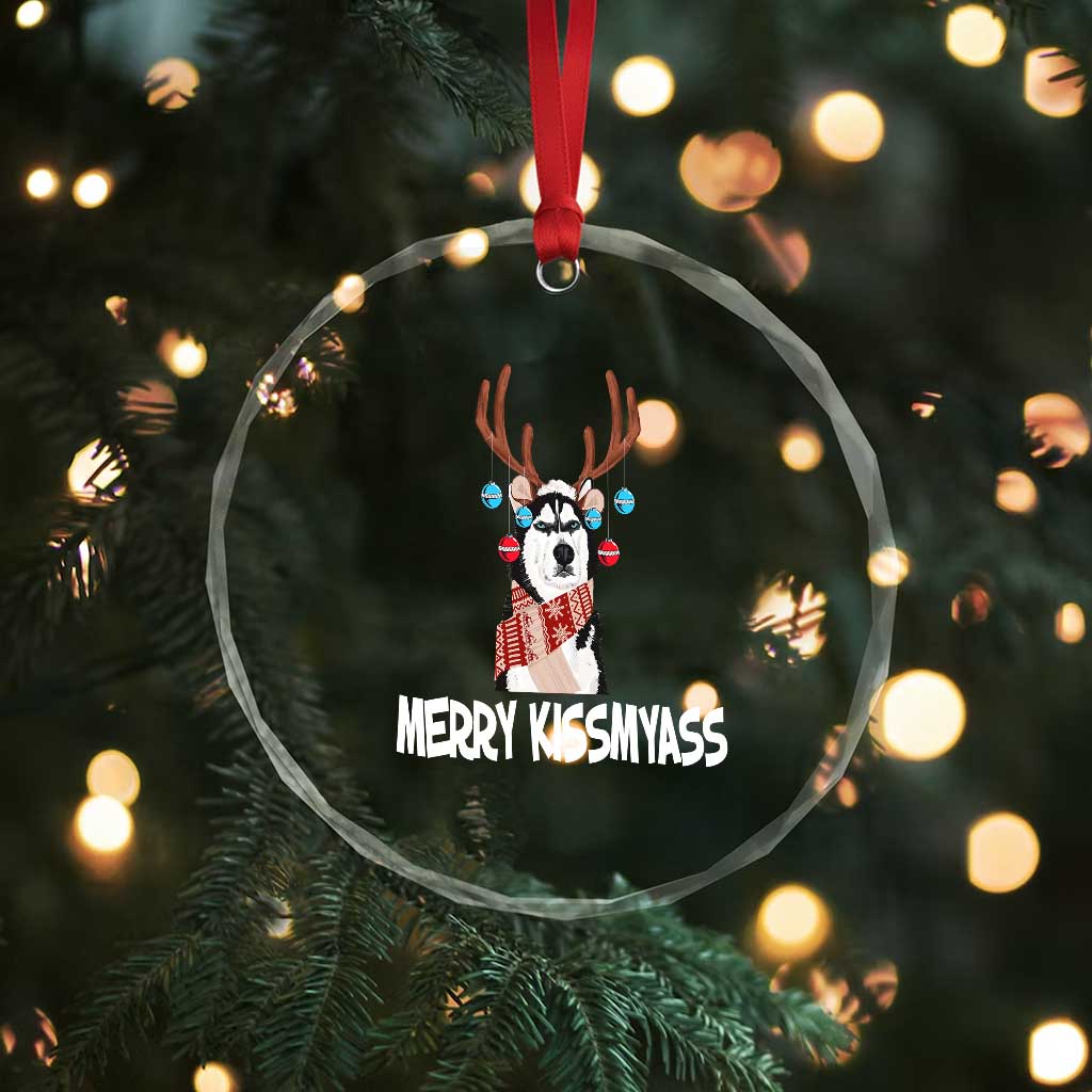 Funny Xmas Husky Crystal Glass Ornament Merry Kissmyasss Husky Reindeer Dog Lover TS09 Print Your Wear