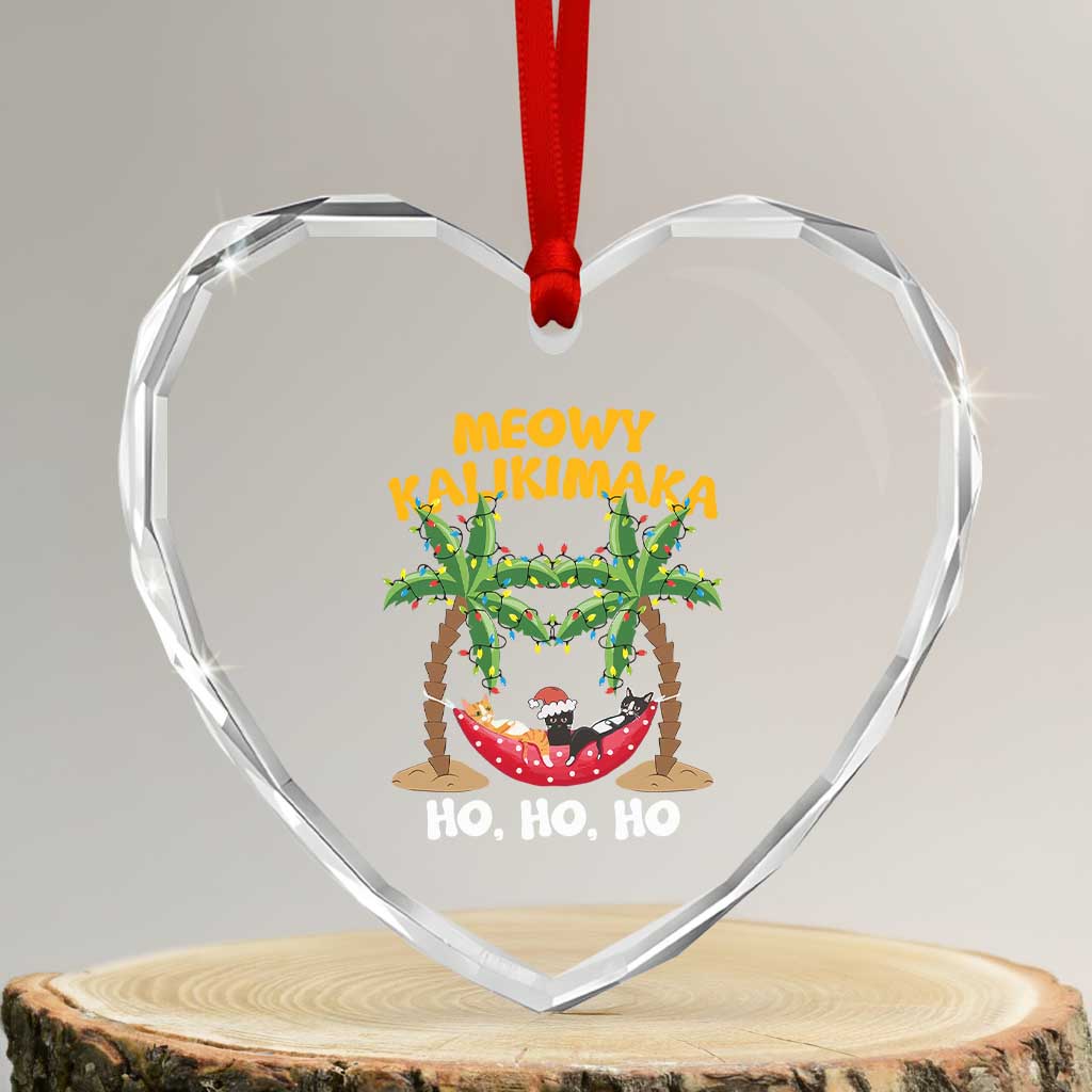 Funny Xmas In Hawaii Heart Crystal Glass Ornament Meowy Kalikimaka Cat Chillin' Ho Ho Ho Xmas Palm Tree TS09 Transparent Glass 3'' Heart Print Your Wear
