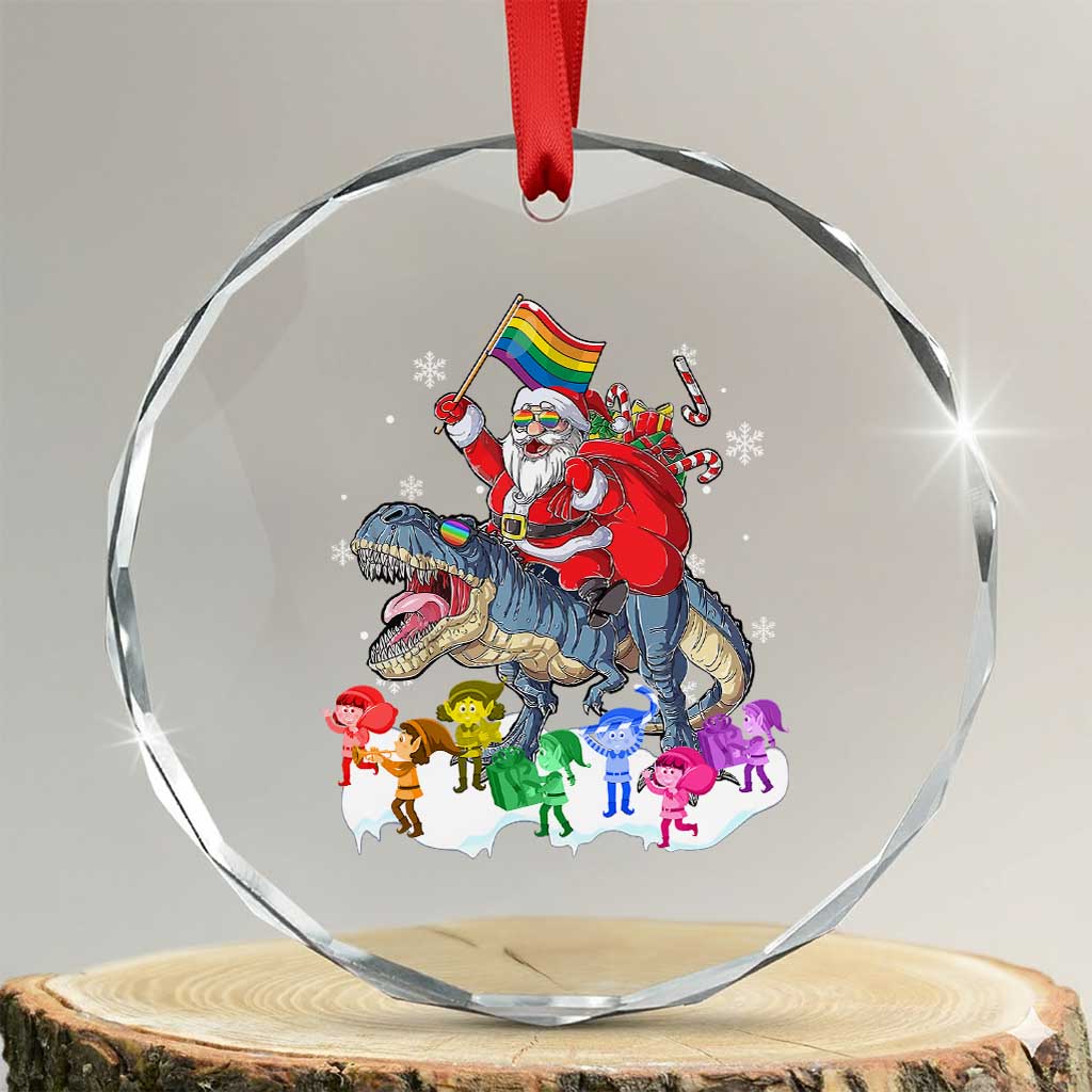 Funny Xmas LGBT Crystal Glass Ornament Rainbow Flag Santa Riding Dinosaur TS09 Transparent Glass 3'' Circle Print Your Wear