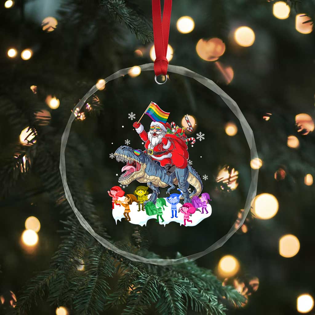 Funny Xmas LGBT Crystal Glass Ornament Rainbow Flag Santa Riding Dinosaur TS09 Print Your Wear