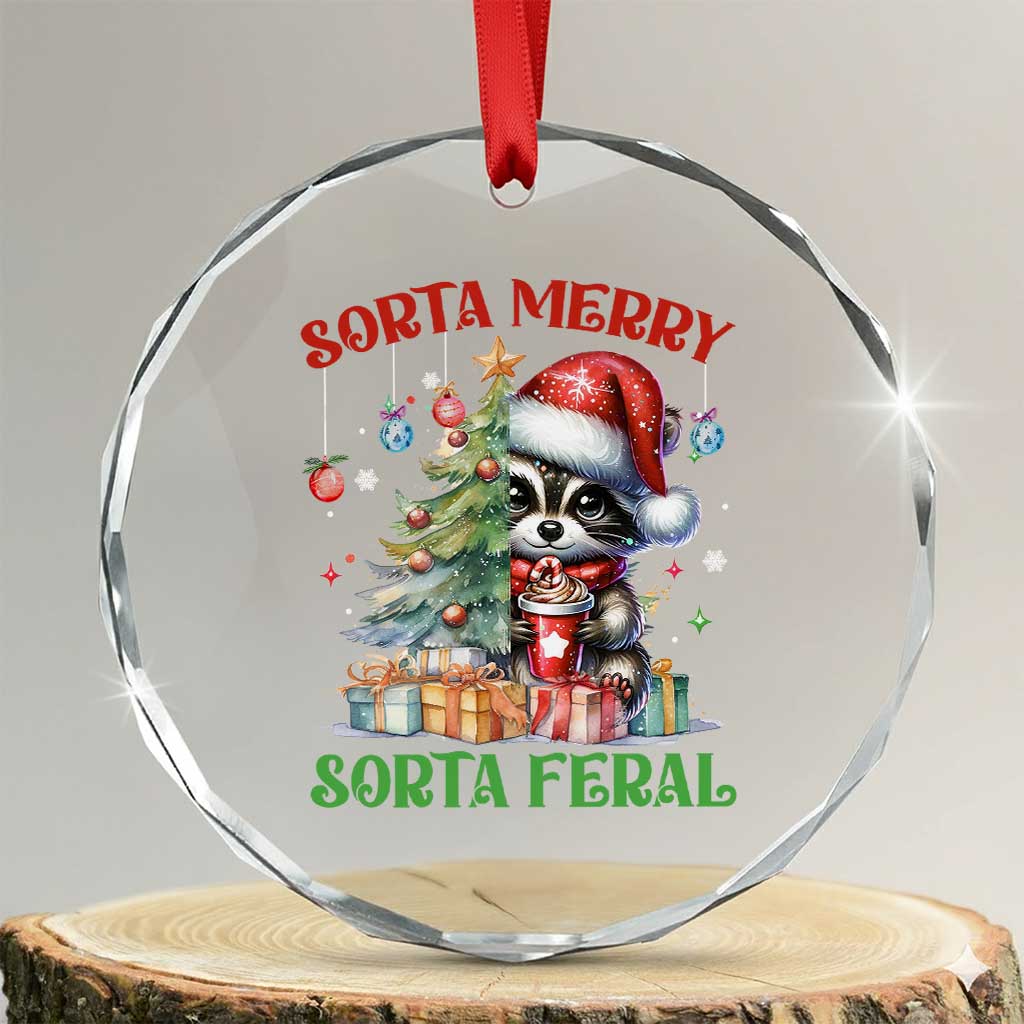 Funny Xmas Raccoon Crystal Glass Ornament Sorta Merry Sorta Feral Merry Trashmas TS09 Transparent Glass 3'' Circle Print Your Wear