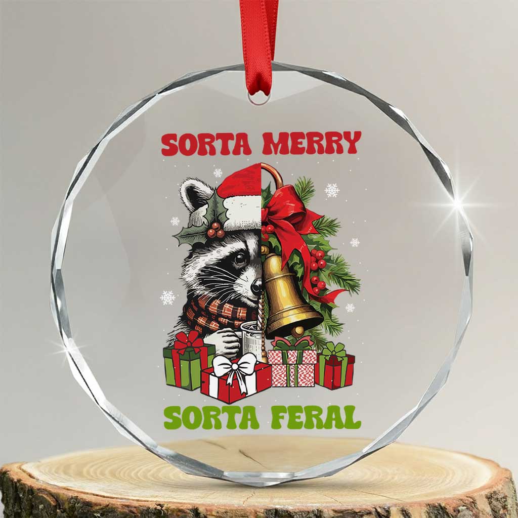 Funny Xmas Racoon Crystal Glass Ornament Sorta Merry Sorta Feral Xmas Wreath TS11 Transparent Glass 3'' Circle Print Your Wear