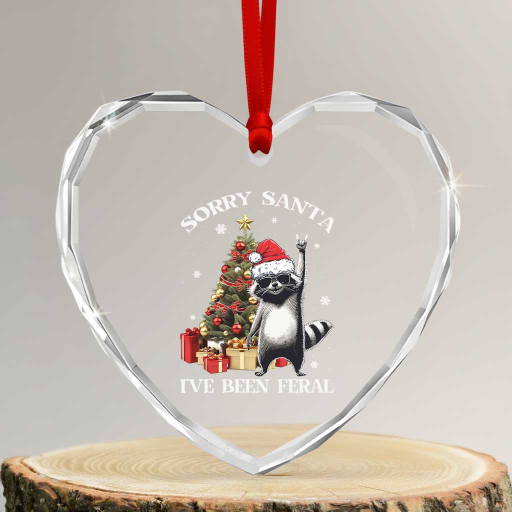 Funny Xmas Racoon Heart Crystal Glass Ornament Sorry Santa I've Been Feral Xmas Hat TS11 Transparent Glass 3'' Heart Print Your Wear