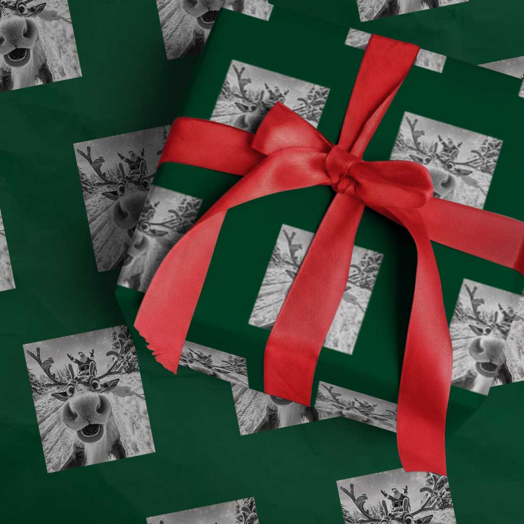 Funny Xmas Reindeer Selfie Wrapping Paper Roll With Santa Xmas Gag Gift TS02 Green Print Your Wear