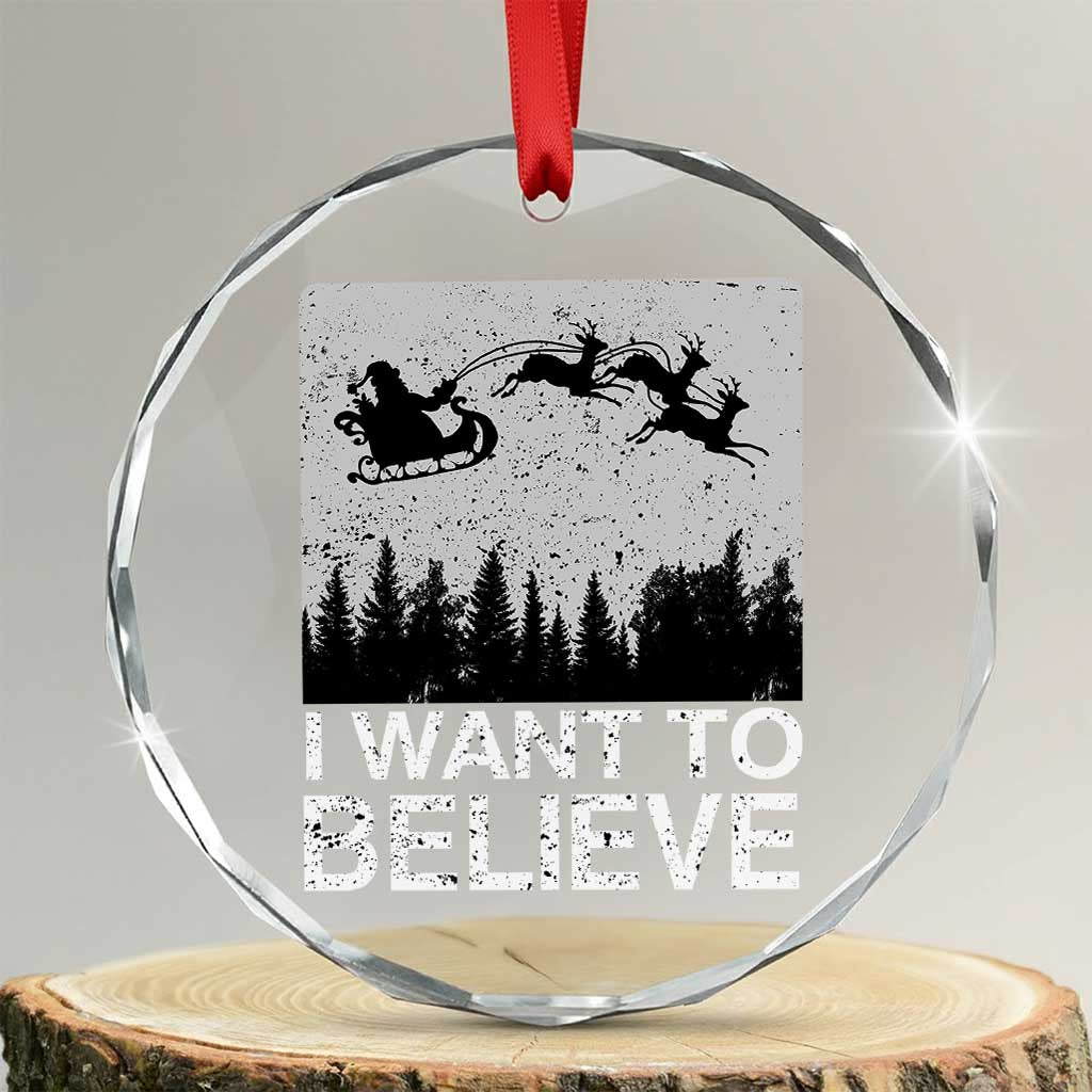 Funny Xmas Santa Crystal Glass Ornament I Want To Believe Sleigh With Reindeers TS11 Transparent Glass 3'' Circle Print Your Wear