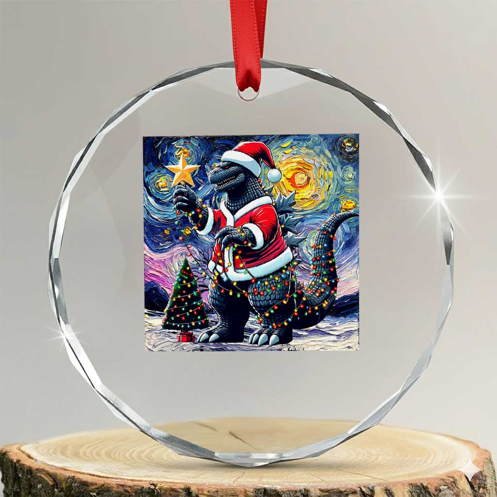 Funny Xmas Santa Godzilla Japanese Monster Starry Night Crystal Glass Ornament TS11 Transparent Glass 3'' Circle Print Your Wear