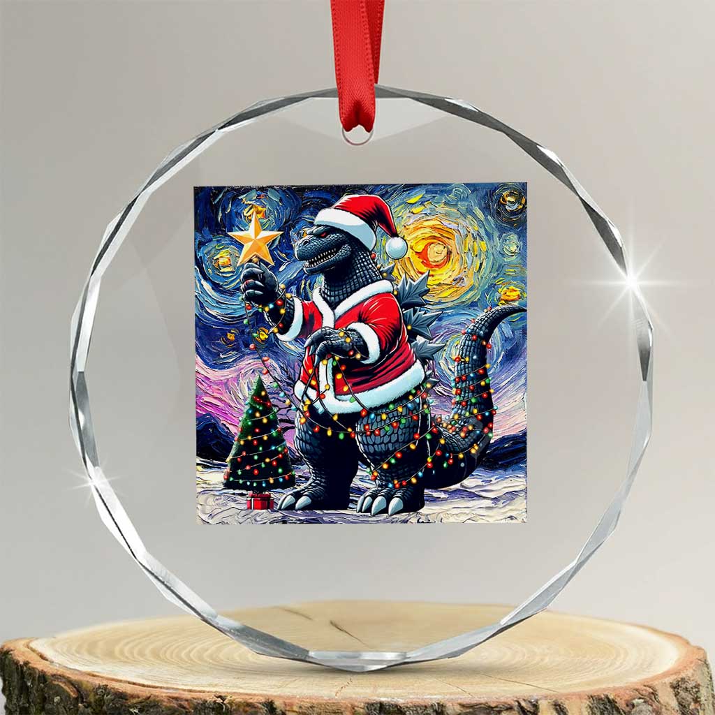 Funny Xmas Santa Godzilla Japanese Monster Starry Night Crystal Glass Ornament TS11 Transparent Glass 3'' Circle Print Your Wear