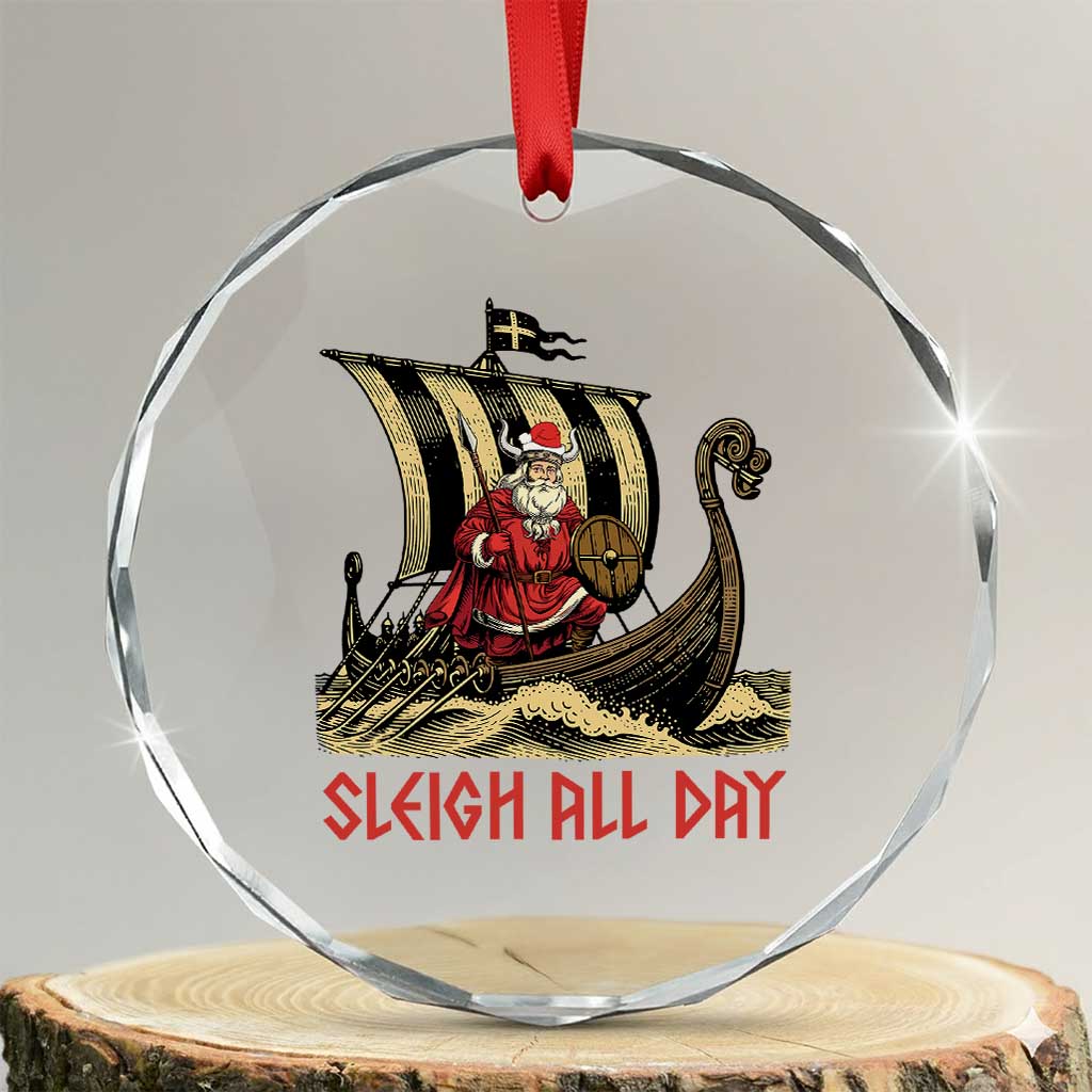 Funny Xmas Santa Viking Crystal Glass Ornament Sleigh All Day Xmas Pagan Norse Longship TS11 Transparent Glass 3'' Circle Print Your Wear