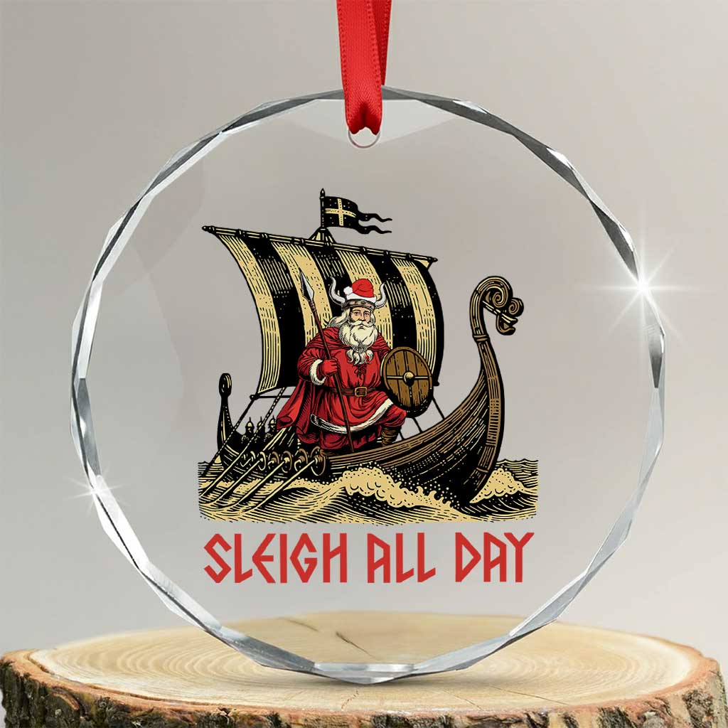 Funny Xmas Santa Viking Crystal Glass Ornament Sleigh All Day Xmas Pagan Norse Longship TS11 Transparent Glass 3'' Circle Print Your Wear
