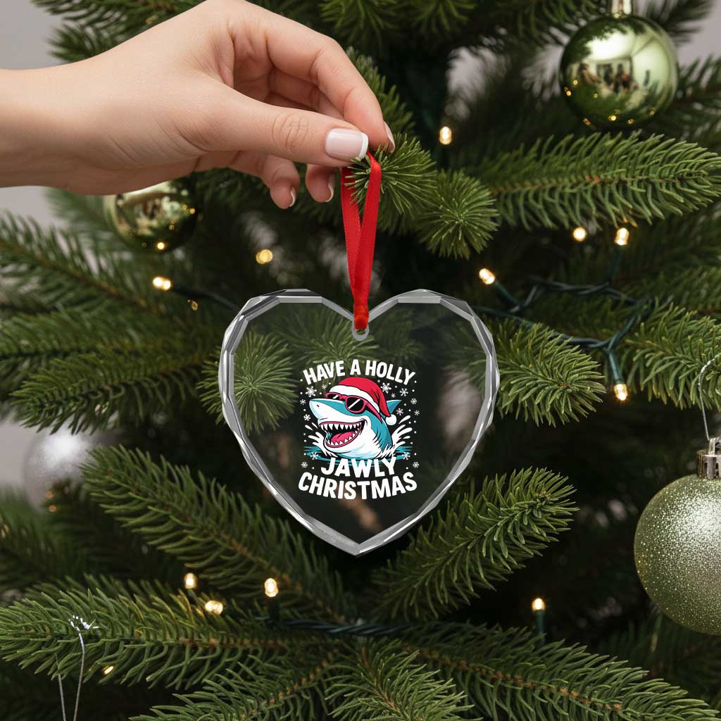 Funny Xmas Shark Heart Crystal Glass Ornament Have A Holly Jawly Christmas Santa Hat TS11 Print Your Wear