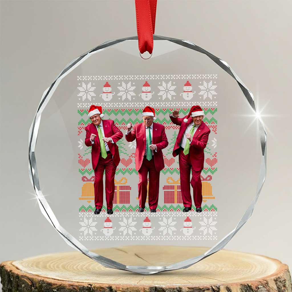 Funny Xmas Trump Dancing Crystal Glass Ornament 47th President Viral Dances Xmas Ugly Sweater TS02 Transparent Glass 3'' Circle Print Your Wear