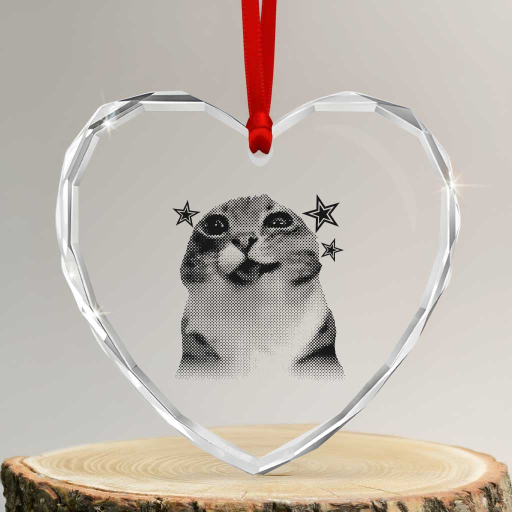 Funny Y2k Cat Meme Heart Crystal Glass Ornament Vintage Retro Silly Cats Cats lover Gift TS10 Transparent Glass 3'' Heart Print Your Wear