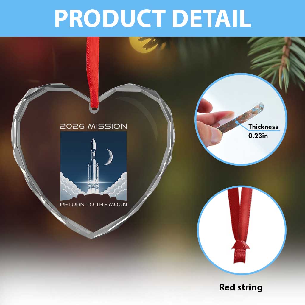 Future Lunar Mission 2026 Heart Crystal Glass Ornament Rocket Launch Lunar Orbit Space Exploration TS02 Print Your Wear