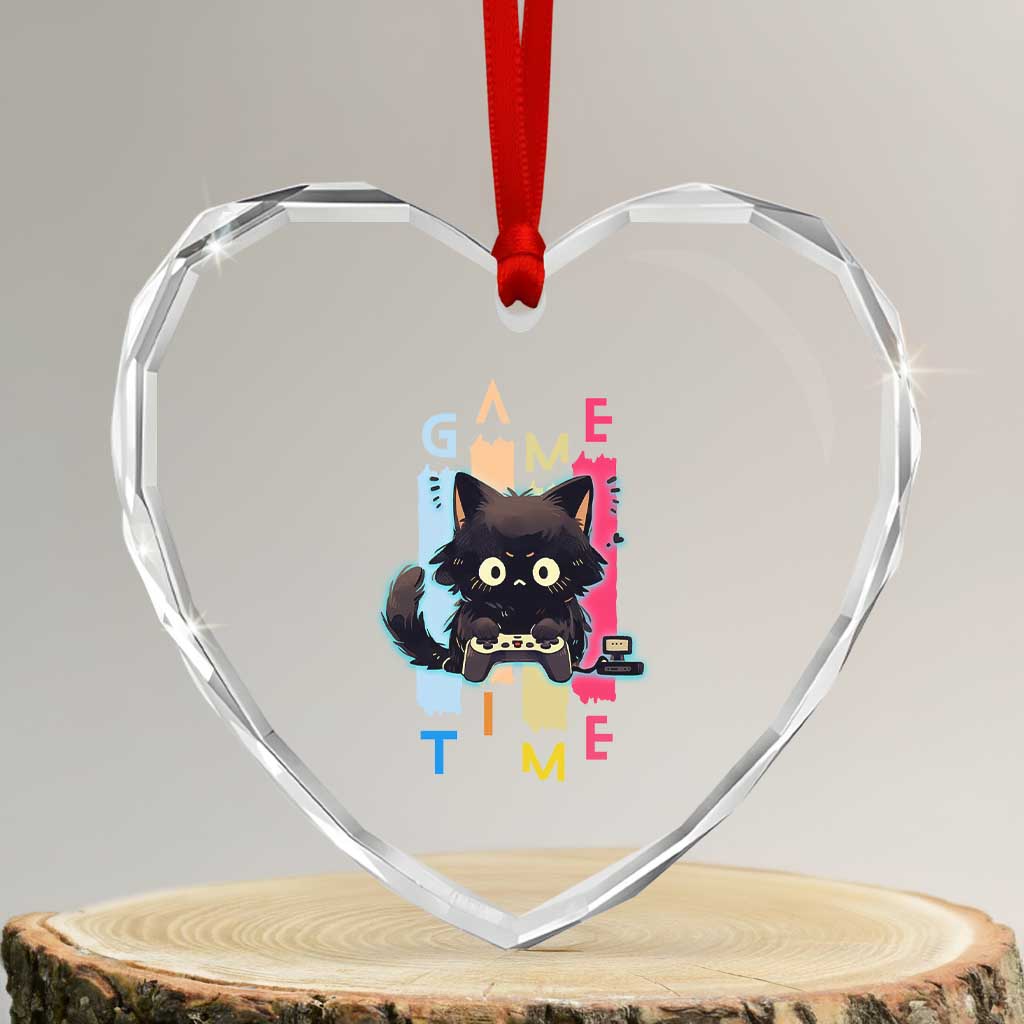 Game Time Heart Crystal Glass Ornament Cute Black Cat Gamer Lover Gift TS12 Transparent Glass 3'' Heart Print Your Wear