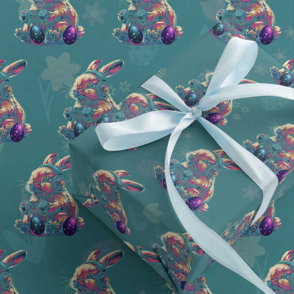 Gamer Rabbit Wrapping Paper Roll Cute Bunny Gaming Eggs Funny Video Games Easter TS10 Teal Print Your Wear