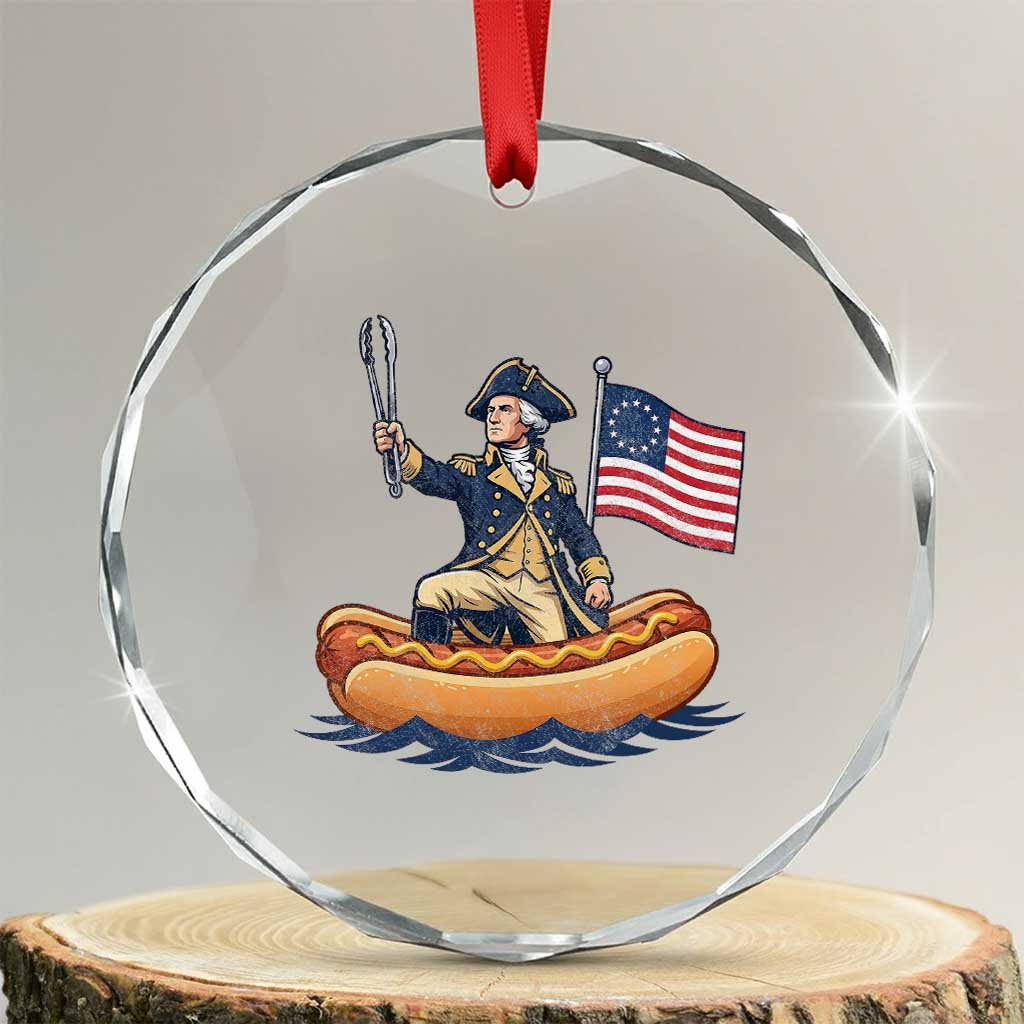 George Washington Crossing The Delaware on Hot Dog Boat Crystal Glass Ornament Funny BBQ Party 4th of July Graphic