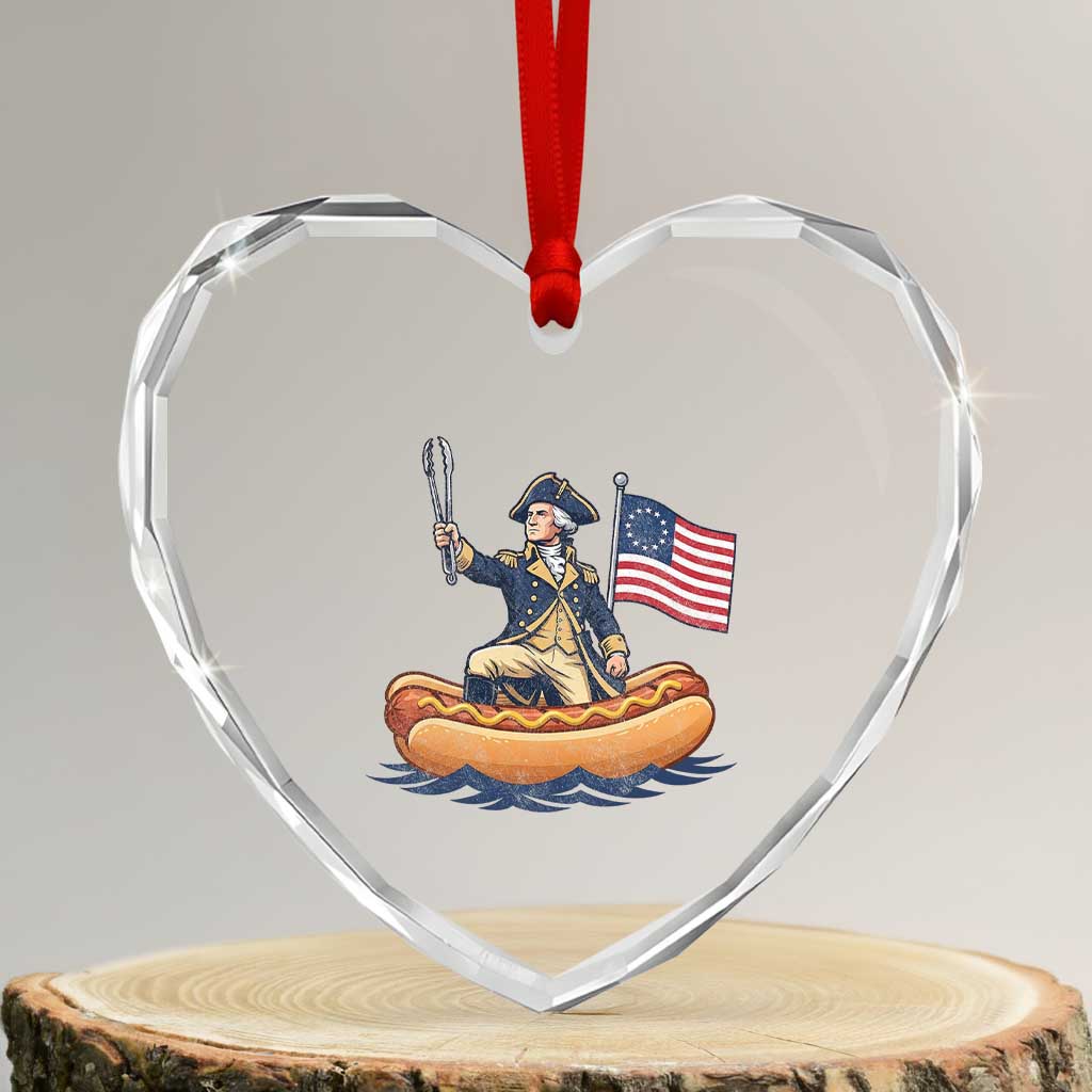George Washington Crossing The Delaware on Hot Dog Boat Heart Crystal Glass Ornament Funny BBQ Party 4th of July Graphic