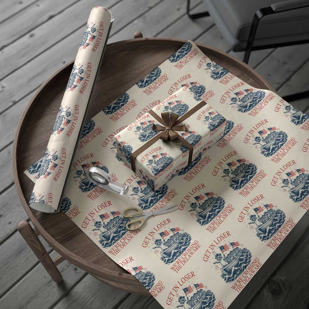 Get In Loser We’re Crossing The Delaware Wrapping Paper Roll Funny Raccoon Meme 4th of July