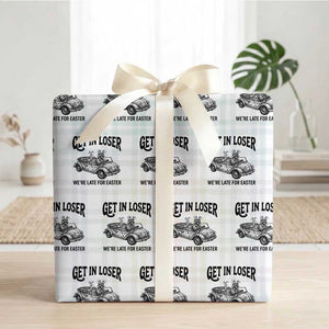 Get In Loser We're Late For Easter Wrapping Paper Roll Funny Easter Raccoon Frog Goose Humor TS14 White Plaid Print Your Wear