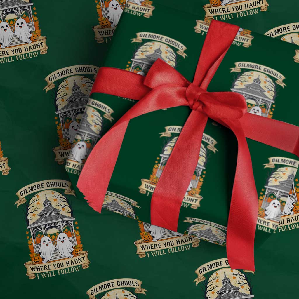 Gilmore Ghouls Halloween Ghost Wrapping Paper Roll Cute Couple Spooky Boo with Fall Gazebo TS02 Green Print Your Wear