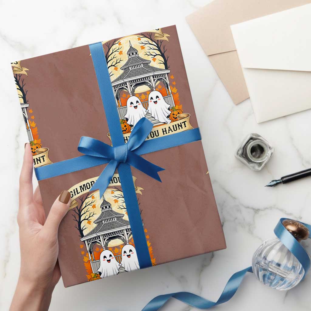 Gilmore Ghouls Halloween Ghost Wrapping Paper Roll Cute Couple Spooky Boo with Fall Gazebo TS02 Mocha Print Your Wear