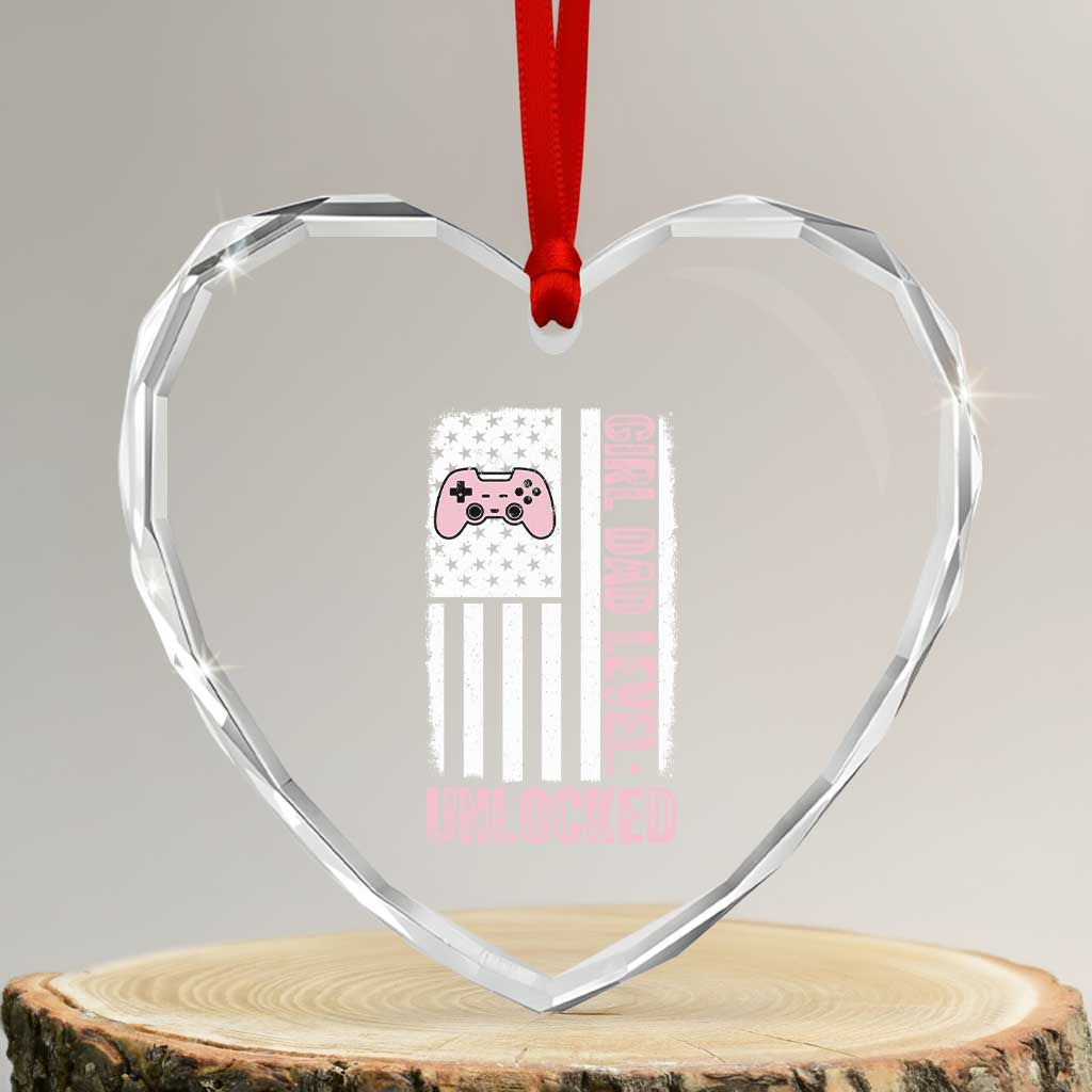 Girl Dad Level Unlocked Heart Crystal Glass Ornament Funny New Dad