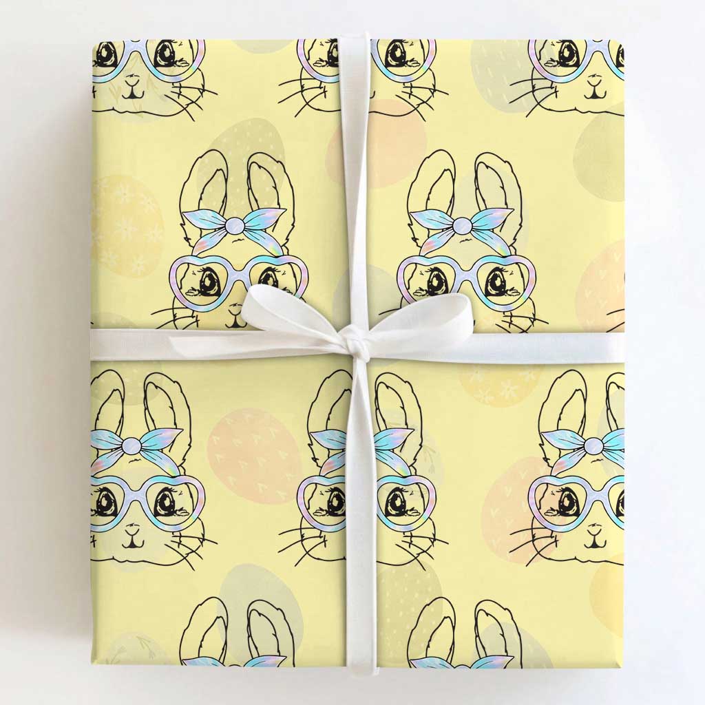 Girls Easter Bunny Wrapping Paper Roll Rabbit Face Tie Dye Glasses Happy Easter Day TS10 Light Yellow Print Your Wear