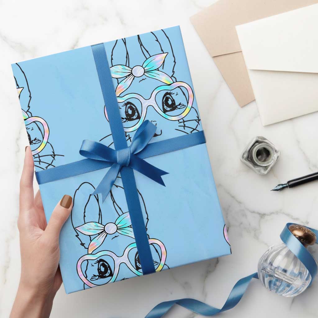 Girls Easter Bunny Wrapping Paper Roll Rabbit Face Tie Dye Glasses Happy Easter Day TS10 Light Blue Print Your Wear