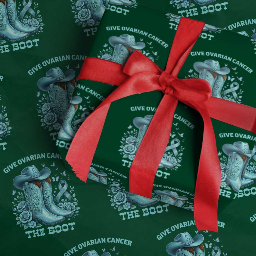 Give Ovarian Cancer The Boot Wrapping Paper Roll Cowgirl Cancer Awareness Teal Ribbon TS10 Green Print Your Wear