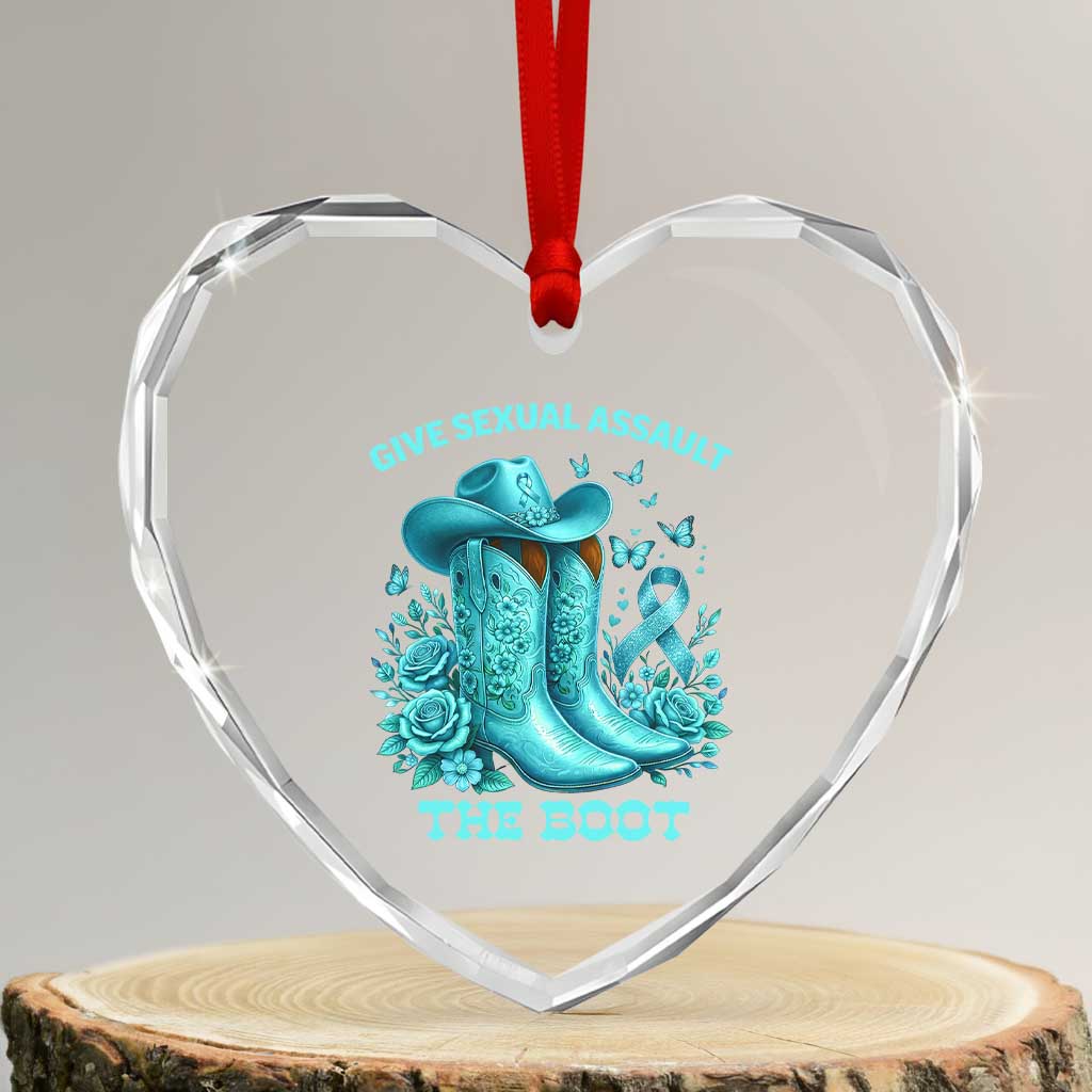 Give Sexual Assault The Boot Heart Crystal Glass Ornament Cowgirl Awareness Month Teal Ribbon Support TS10 Transparent Glass 3'' Heart Print Your Wear