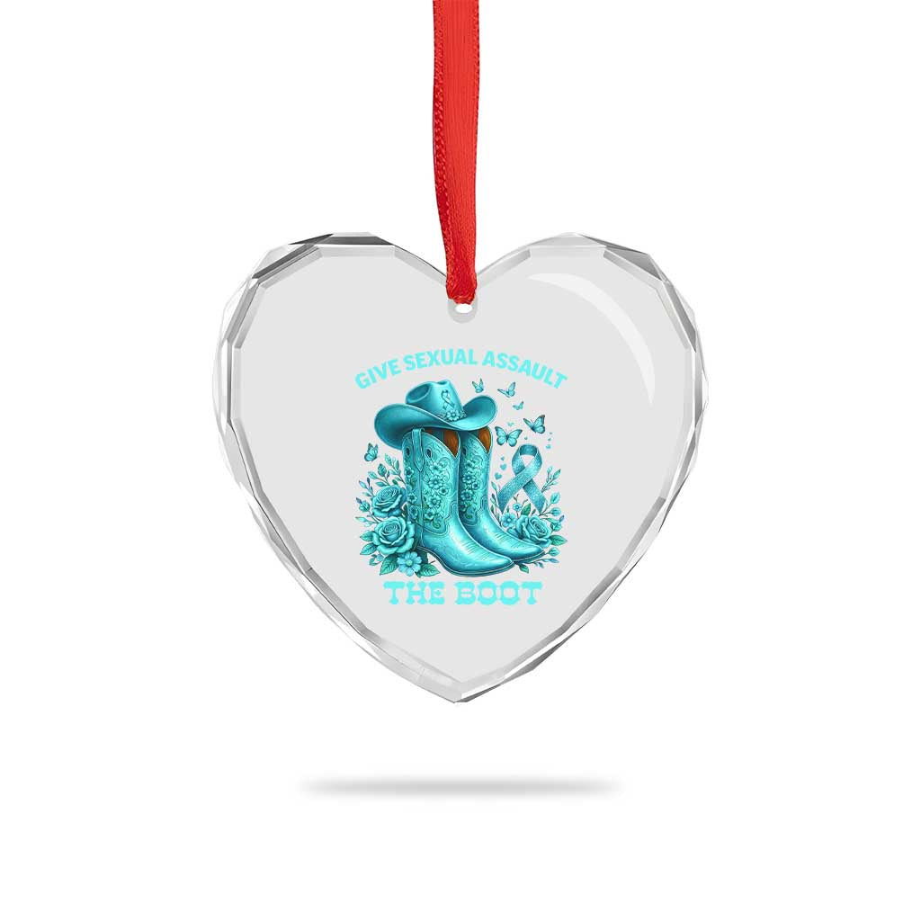 Give Sexual Assault The Boot Heart Crystal Glass Ornament Cowgirl Awareness Month Teal Ribbon Support TS10 Print Your Wear