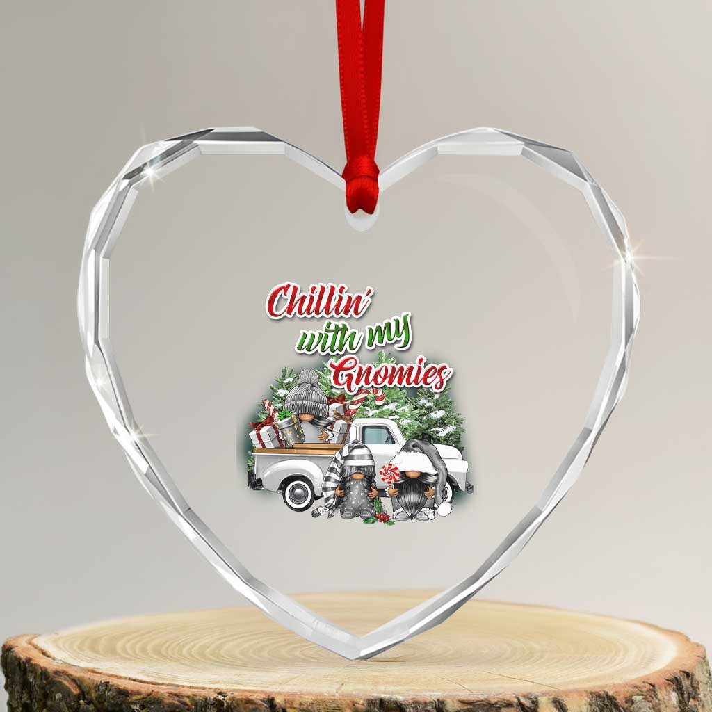 Gnome Christmas Heart Crystal Glass Ornament Chillin With My Gnomies Xmas Truck TS02 Transparent Glass 3'' Heart Print Your Wear