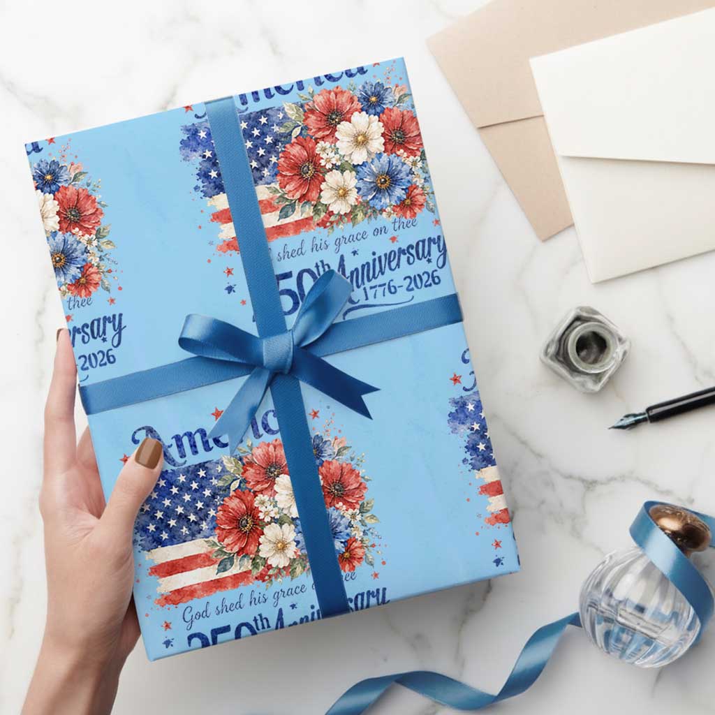 God 250th Anniversary USA Flag Floral Wrapping Paper Roll Patriotic Freedom 4th of July 250 Years America TS10 Light Blue Print Your Wear
