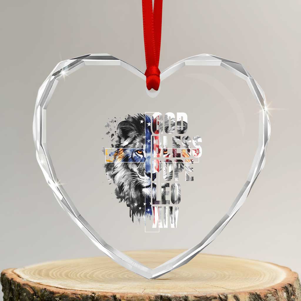 God Bless Pope Leo XIV Heart Crystal Glass Ornament Lion American Flag TS11 Transparent Glass 3'' Heart Print Your Wear