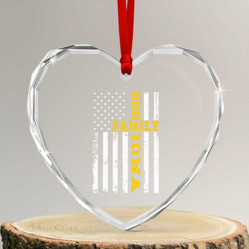 God Family Iowa Heart Crystal Glass Ornament IA State Game Day Christian American Flag