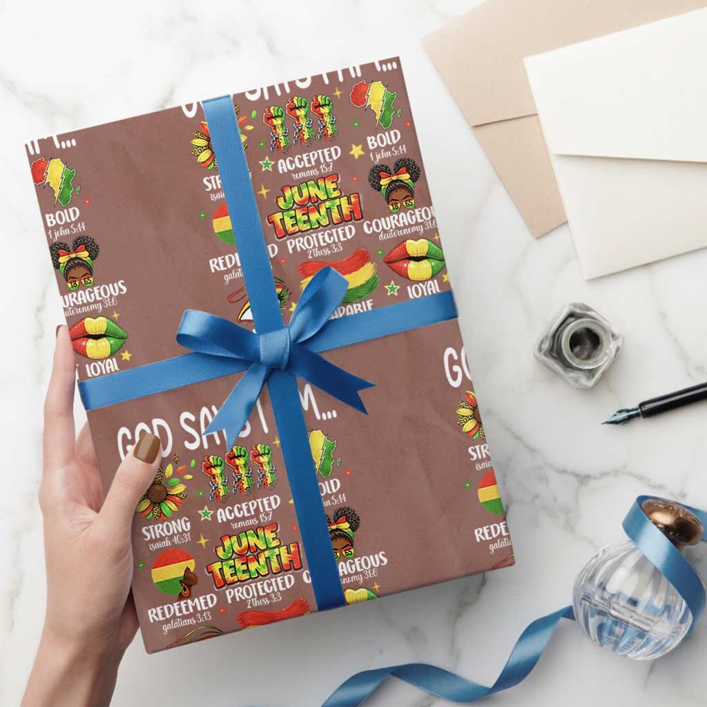 God Says I Am Juneteenth Christian Wrapping Paper Roll Pan-African Afrocentric Faith Bible Verses Freedom Day