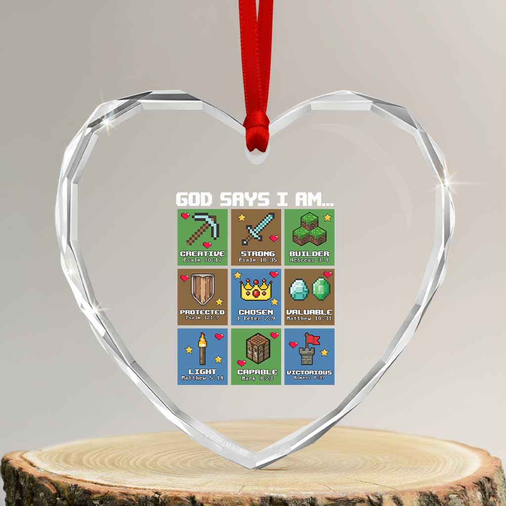 God Says I Am Pixel Art Graphic Heart Crystal Glass Ornament Christian Affirmation Gamer Bible Verses TS02 Transparent Glass 3'' Heart Print Your Wear