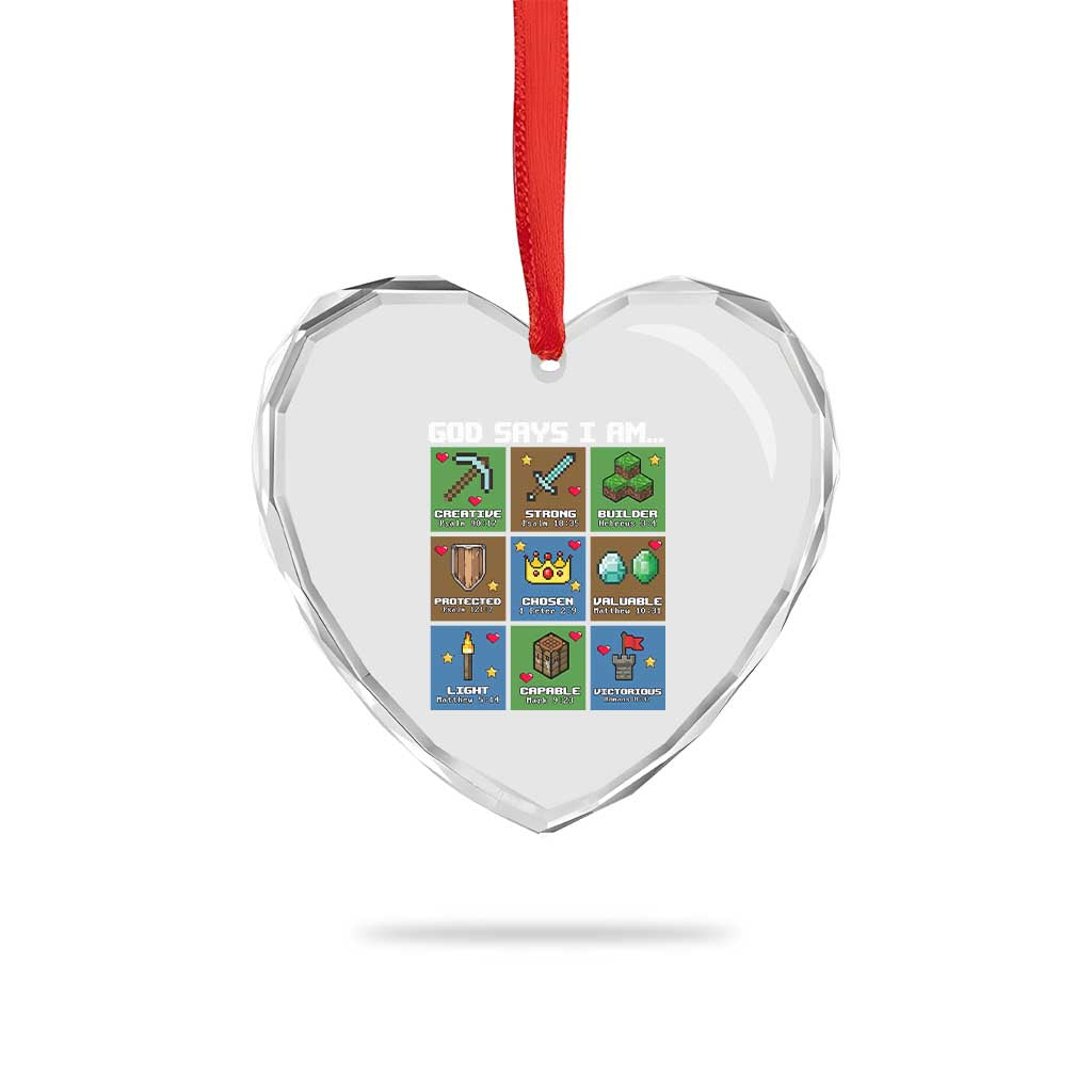 God Says I Am Pixel Art Graphic Heart Crystal Glass Ornament Christian Affirmation Gamer Bible Verses TS02 Print Your Wear