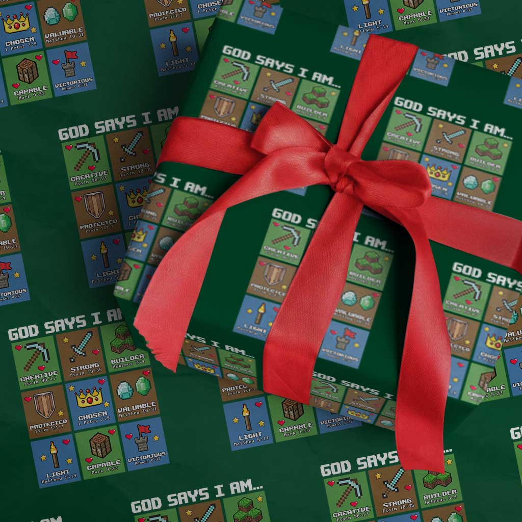 God Says I Am Pixel Art Graphic Wrapping Paper Roll Christian Affirmation Gamer Bible Verses TS02 Green Print Your Wear