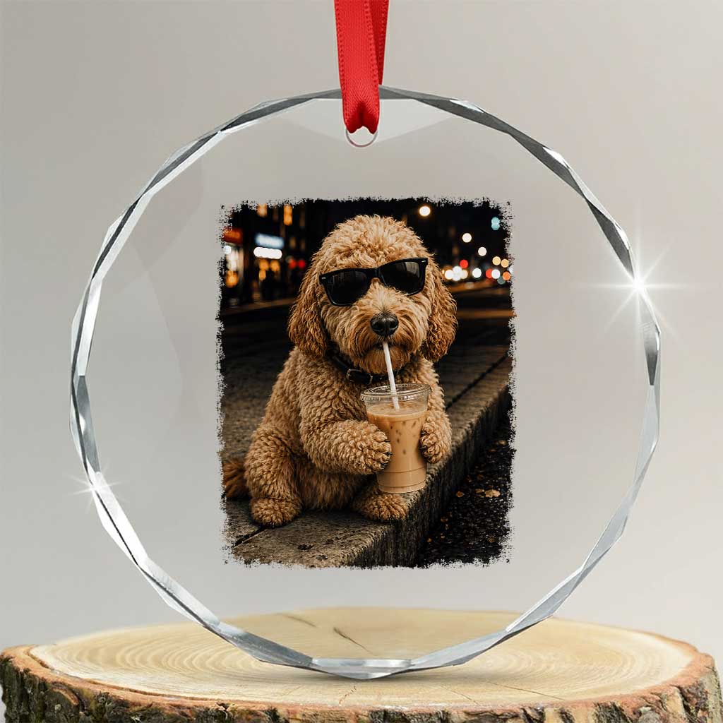 Goldendoodle Drinking Iced Coffee Crystal Glass Ornament Grunge Graphic Funny Dog Lover TS10 Transparent Glass 3'' Circle Print Your Wear