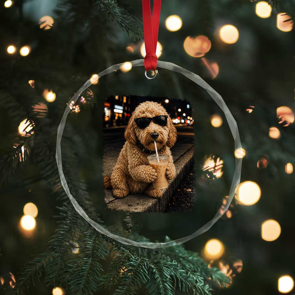 Goldendoodle Drinking Iced Coffee Crystal Glass Ornament Grunge Graphic Funny Dog Lover