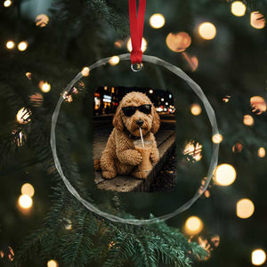 Goldendoodle Drinking Iced Coffee Crystal Glass Ornament Grunge Graphic Funny Dog Lover