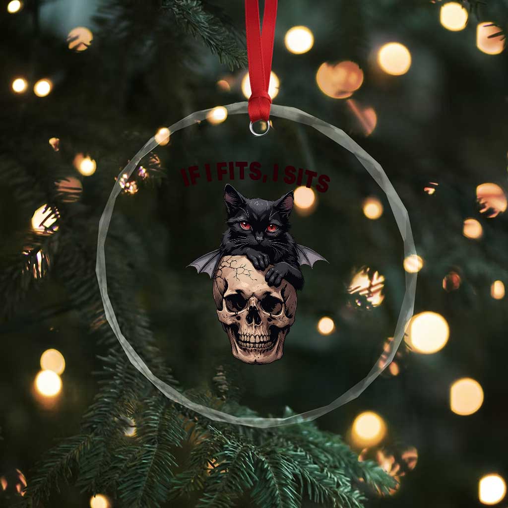 Gothic Cat Skull Graphic Crystal Glass Ornament If I Fits I Sits Creepy Cute Gift TS12 Print Your Wear