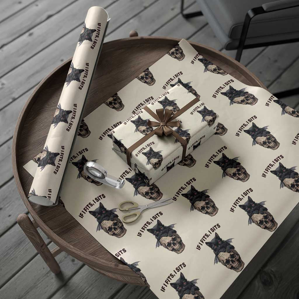 Gothic Cat Skull Graphic Wrapping Paper Roll If I Fits I Sits Creepy Cute Gift TS12 Beige Print Your Wear