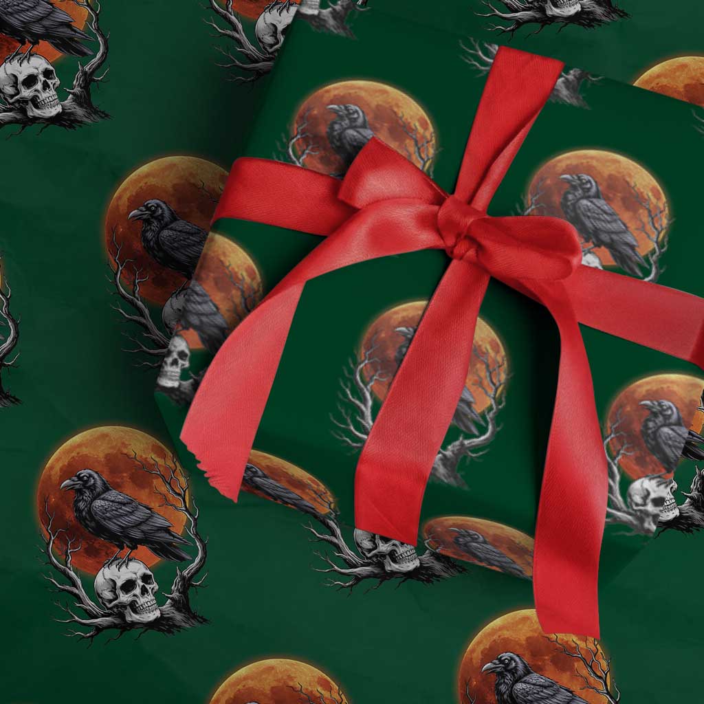 Gothic Raven on Skull Blood Moon Wrapping Paper Roll Spooky Halloween Macabre Dark Art Graphic TS02 Green Print Your Wear