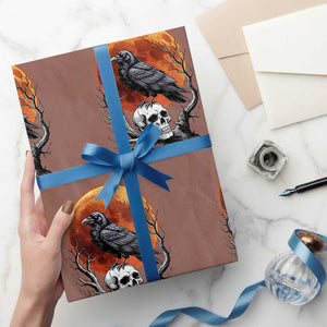Gothic Raven on Skull Blood Moon Wrapping Paper Roll Spooky Halloween Macabre Dark Art Graphic TS02 Mocha Print Your Wear