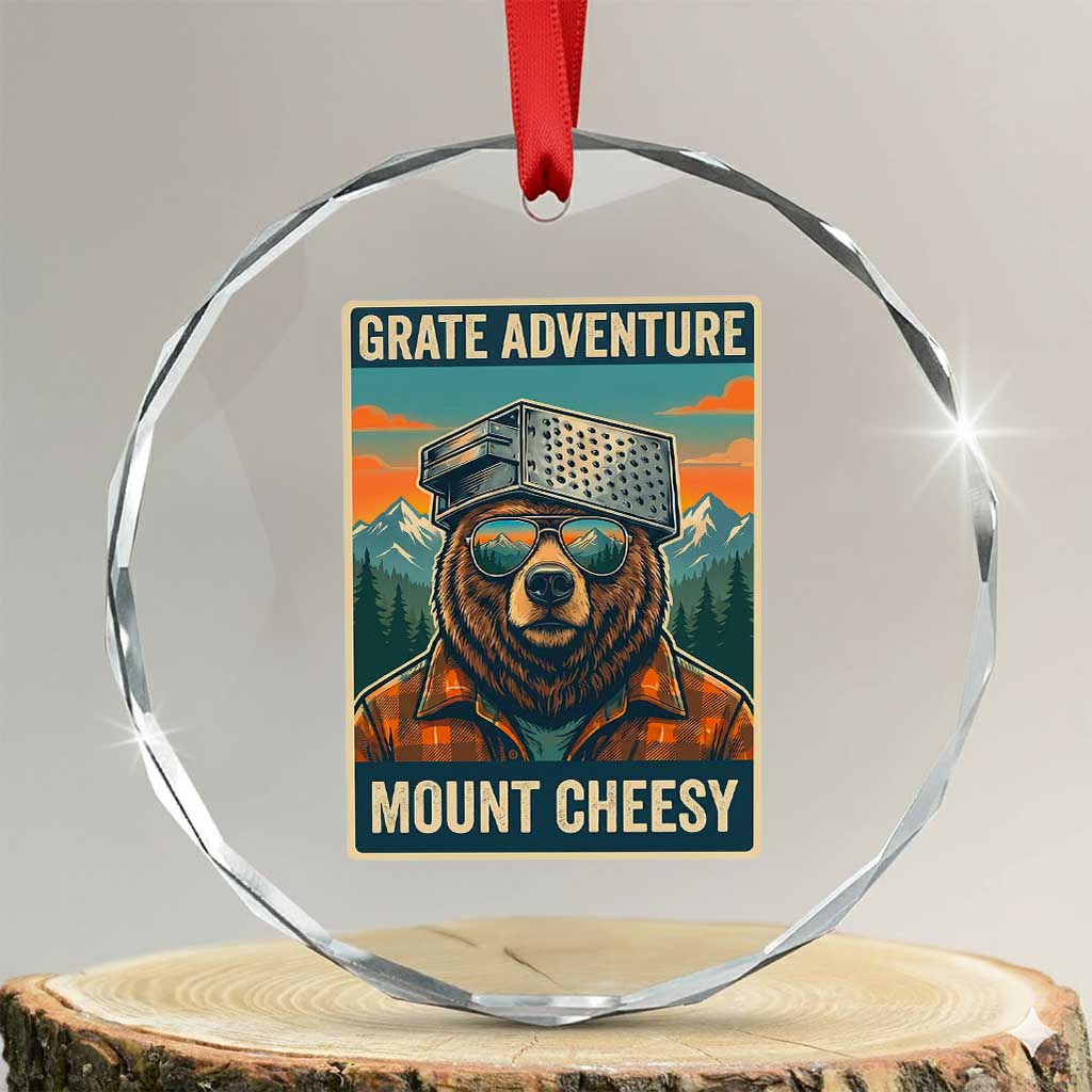 Grate Adventure at Mount Cheesy Vintage Hiking Bear Crystal Glass Ornament Cheese Grate Pun Parody for Foorball Fans TS02 Transparent Glass 3'' Circle Print Your Wear