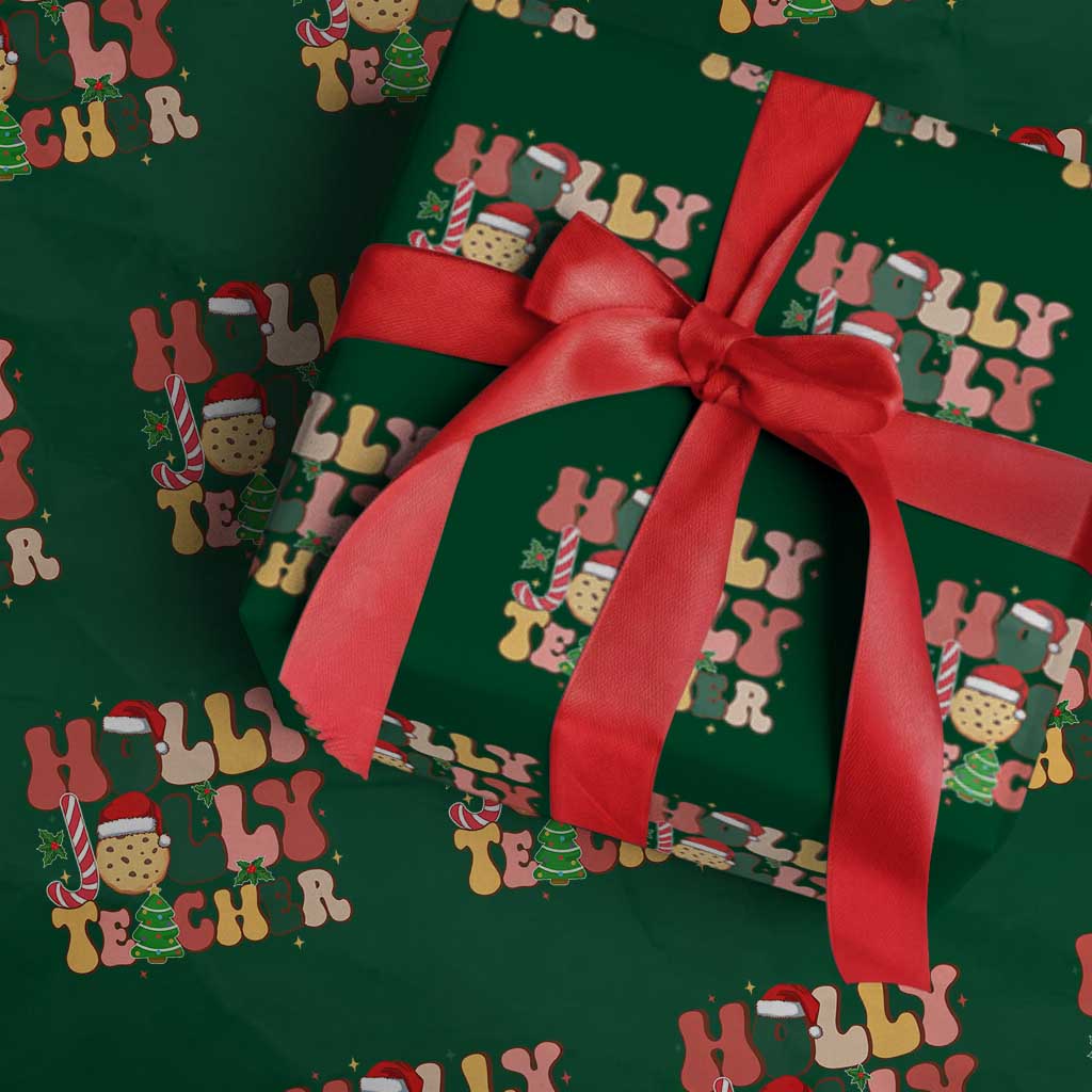 Groovy Holly Jolly Teacher Christmas Retro Xmas Wrapping Paper Roll TS02 Green Print Your Wear
